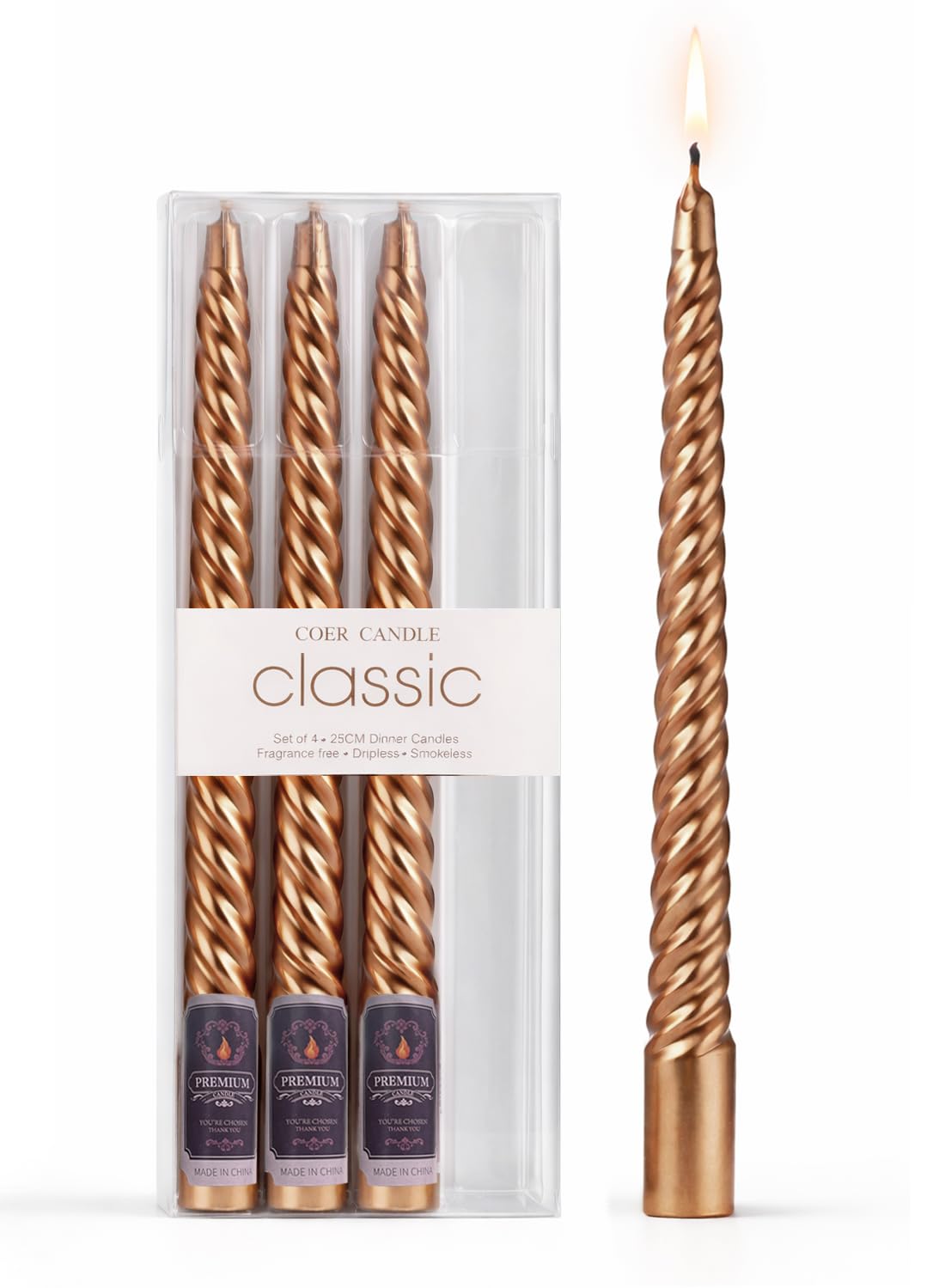4Pcs Spiral Taper Candle, 25cm Non-Toxic Thread Style Candles, Dripless Scented for Party, Home Decoration (Gold)