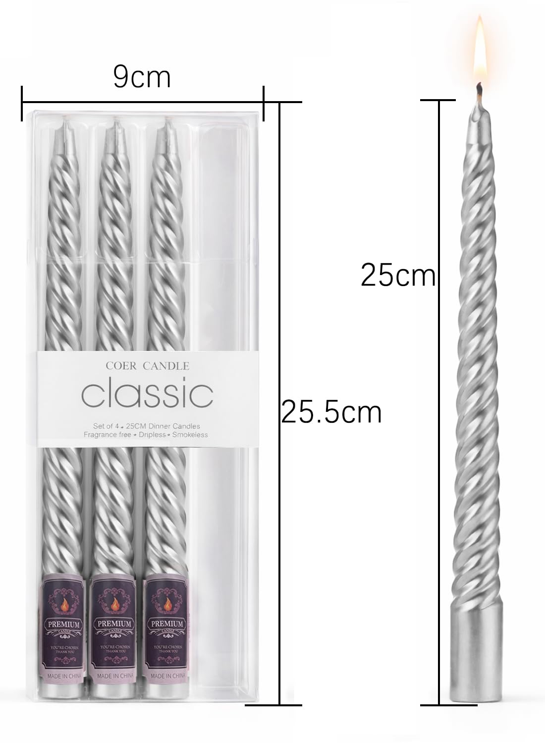4Pcs Spiral Taper Candle, 25cm Non-Toxic Thread Style Candles, Dripless Scented for Party, Home Decoration (Gold)
