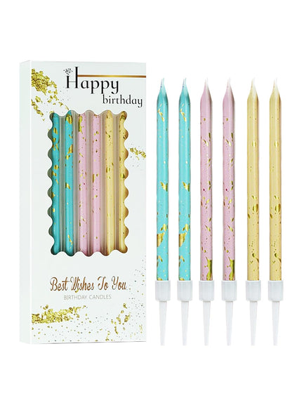 Colorful Long Thin Metallic Birthday Candles Kit£¬Glittery Cake Toppers with Cute Designs, Perfect for Kids' Parties, Anniversaries, and Celebrations-6Pcs Set Colorful