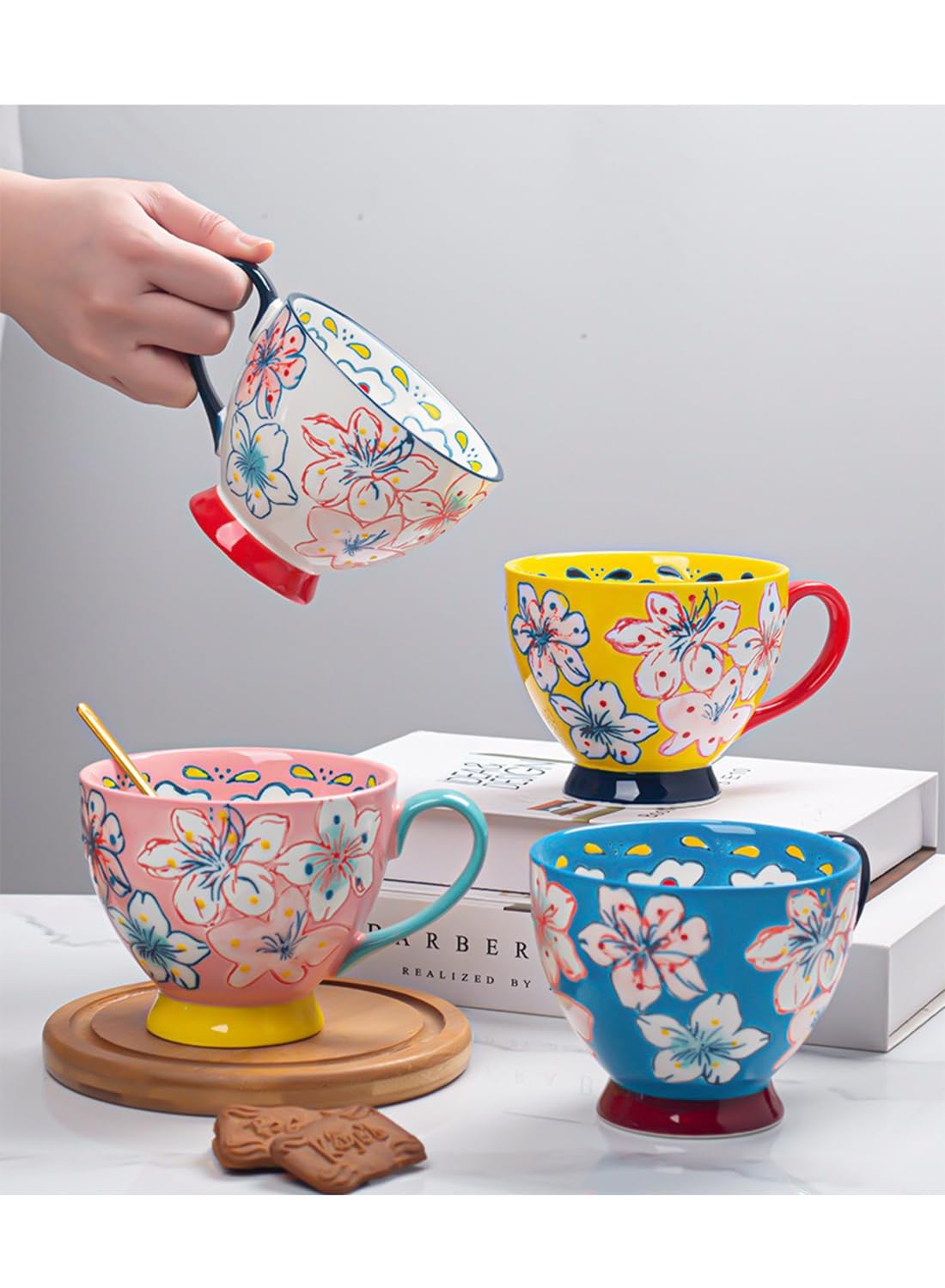 NOVO Hand-Painted Coloful Ceramic Mug Cup,Boho Style, Microwave Dishwasher Oven Safe, for Coffee, Breakfast & Ice Cream 550ml-Dark Blue
