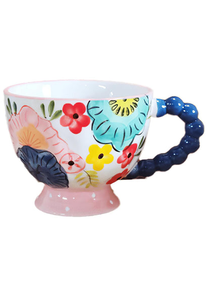 NOVO Hand-Painted Coloful Ceramic Mug Cup,Boho Style, Microwave Dishwasher Oven Safe, for Coffee, Breakfast & Ice Cream 550ml-Dark Blue