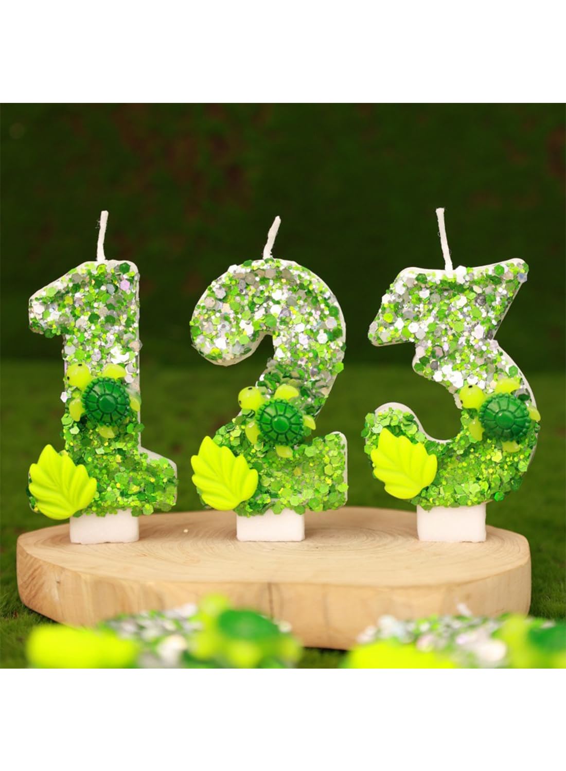 7cm Birthday Number Candles for Cake Decoration, Glittery Cake Toppers with Cute Designs, Perfect for Kids' Parties, Anniversaries, and Celebrations-Green Turtle(No.0)