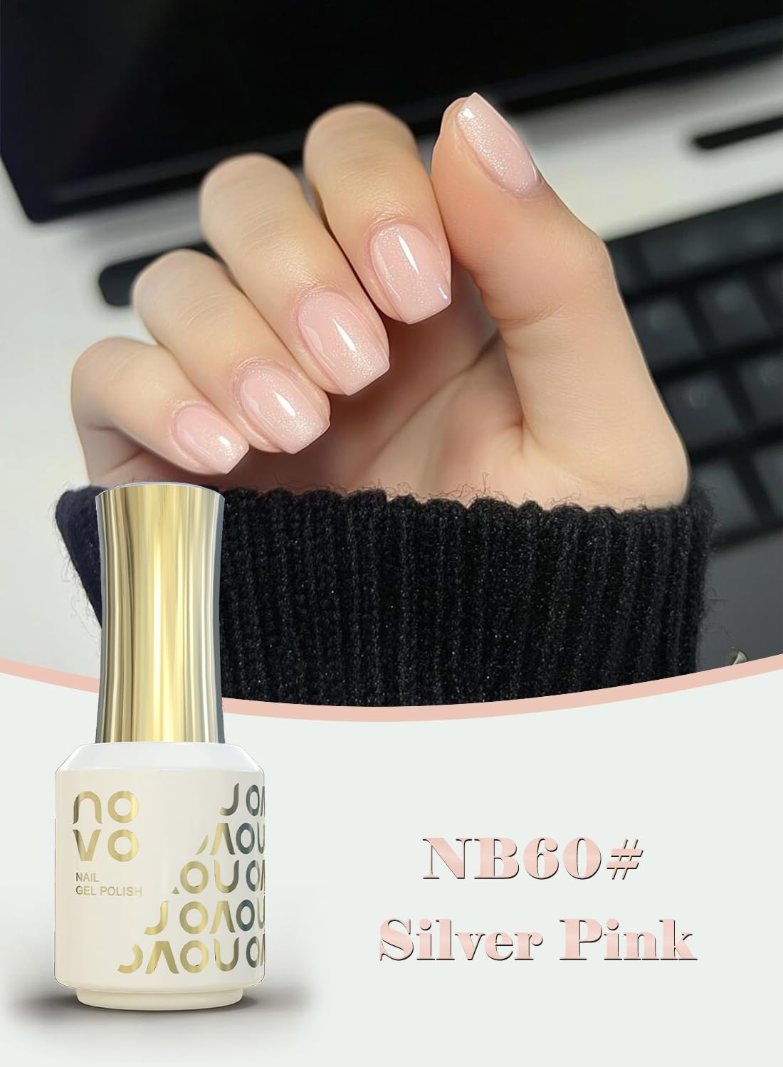 novo Rubber Base Gel, Shiny UV LED Gel Nail Polish for Women 12ml-NB60# Silver Pink