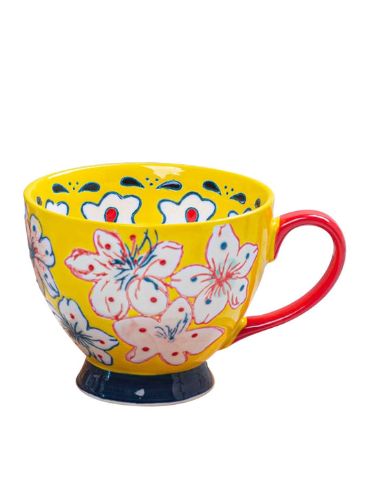 NOVO Hand-Painted Coloful Ceramic Mug Cup,Boho Style, Microwave Dishwasher Oven Safe, for Coffee, Breakfast & Ice Cream 550ml-Dark Blue