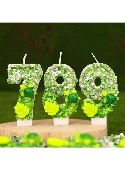 7cm Birthday Number Candles for Cake Decoration, Glittery Cake Toppers with Cute Designs, Perfect for Kids' Parties, Anniversaries, and Celebrations-Green Turtle(No.0)