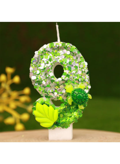 7cm Birthday Number Candles for Cake Decoration, Glittery Cake Toppers with Cute Designs, Perfect for Kids' Parties, Anniversaries, and Celebrations-Green Turtle(No.0)