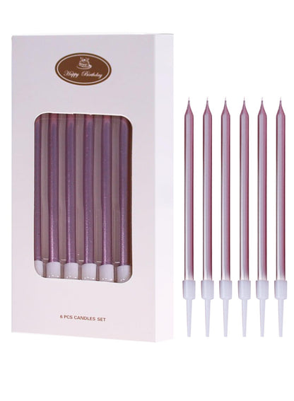 Colorful Long Thin Metallic Birthday Candles Kit£¬Glittery Cake Toppers with Cute Designs, Perfect for Kids' Parties, Anniversaries, and Celebrations-6Pcs Set Colorful