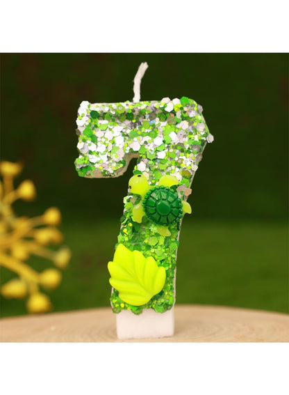7cm Birthday Number Candles for Cake Decoration, Glittery Cake Toppers with Cute Designs, Perfect for Kids' Parties, Anniversaries, and Celebrations-Green Turtle(No.0)