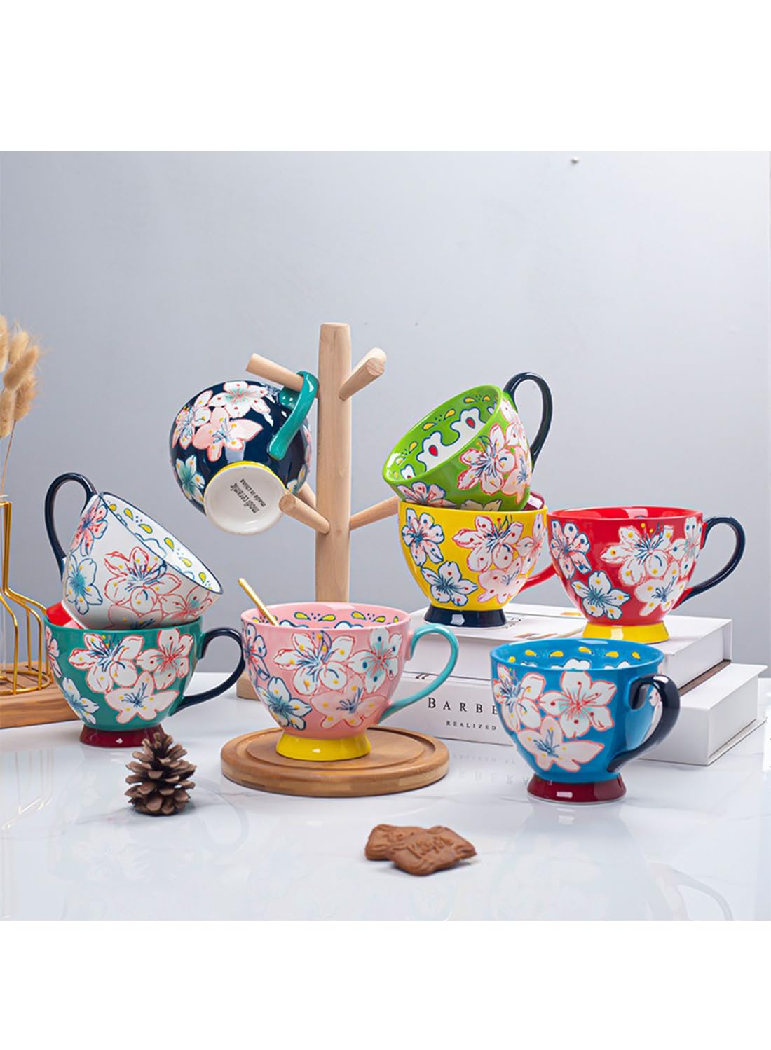 NOVO Hand-Painted Coloful Ceramic Mug Cup,Boho Style, Microwave Dishwasher Oven Safe, for Coffee, Breakfast & Ice Cream 550ml-Dark Blue