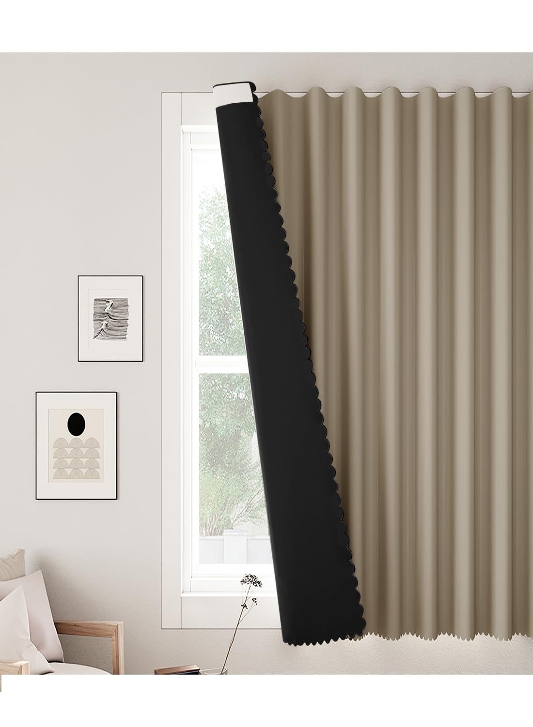 NOVO Velcro Curtains, Pongee No Drill Curtain, 100% Blackout, 1 Panel, W150 x H200CM, Fits Windows 75-100CM Wide, Beige