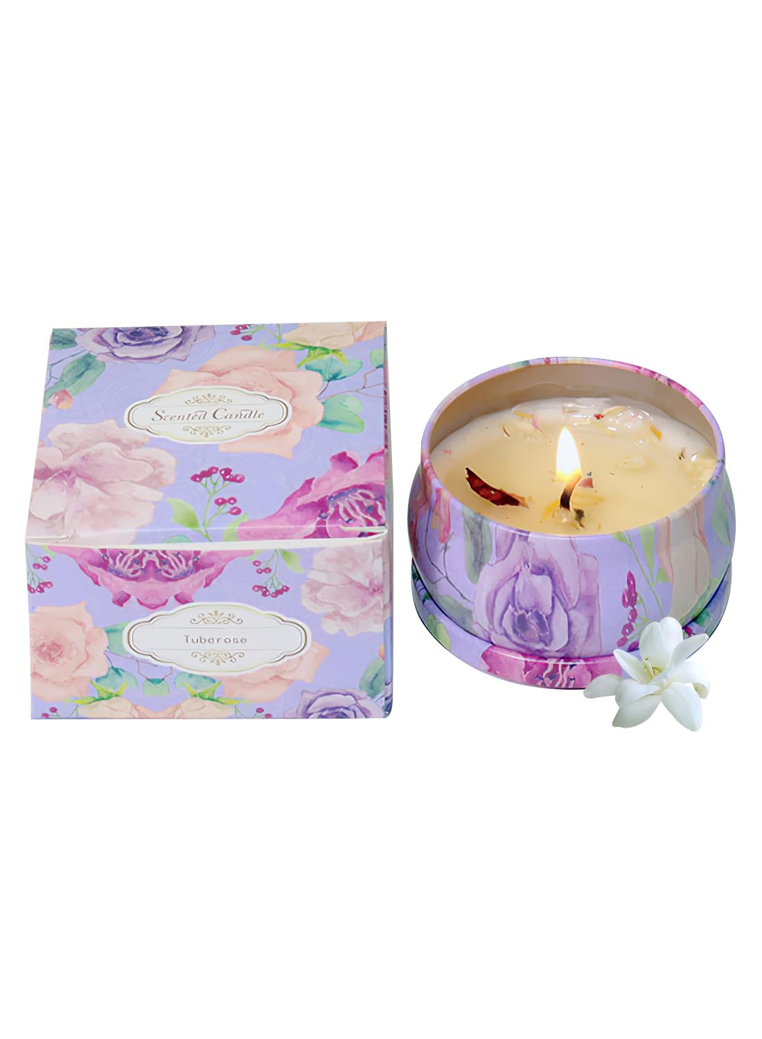 NOVO Scented Candle- 80g Natural Soy Wax Blend Aromatherapy Candle with Pure Essential Oils & Real Dried Flowers -Tuberose