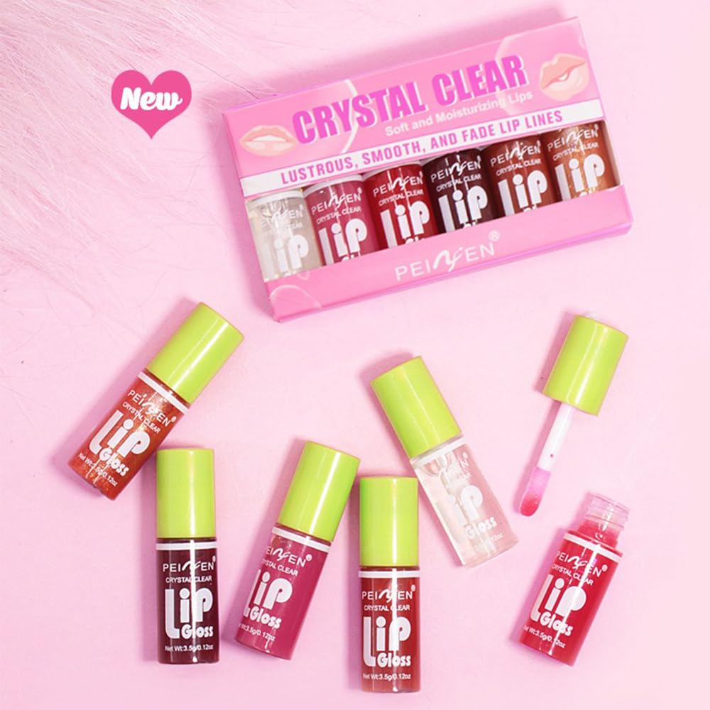 NOVO 6 Pcs Lip Gloss Set, Clear Crystal Jelly Liquid Lipstick, Soft Moisturizing Hydrating Non-Sticky Plumping Lip Oil, Lip Tint, Lip Makeup Gift for Women & Girls