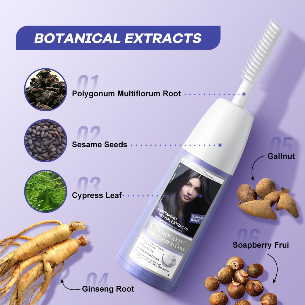 NOVO Natural Plant Bubble Hair Dye Kit with Comb, Long Lasting Pure Plant Extract for Grey Hair Color Bubble Dye, Easy to Use Hair Dye for Women Men 200ml Natural Black