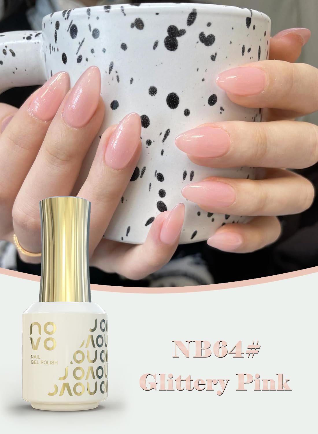novo Rubber Base Gel, Shiny UV LED Gel Nail Polish for Women 12ml-NB64# Glittery Pink