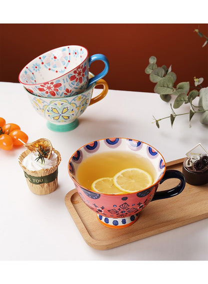 NOVO Hand-Painted Coloful Ceramic Mug Cup,Boho Style, Microwave Dishwasher Oven Safe, for Coffee, Breakfast & Ice Cream 550ml-Dark Blue