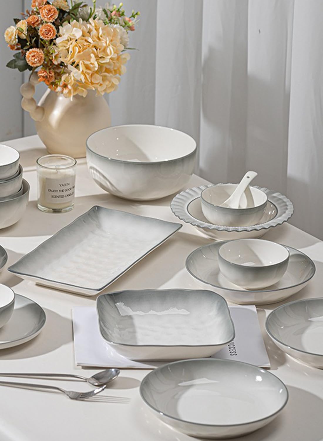 18Pcs Dinnerware Set, Gift Kit, Plates and Bowls Sets, Oven, Dishwasher and Microwave Safe, Grey