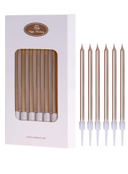 Colorful Long Thin Metallic Birthday Candles Kit£¬Glittery Cake Toppers with Cute Designs, Perfect for Kids' Parties, Anniversaries, and Celebrations-6Pcs Set Colorful