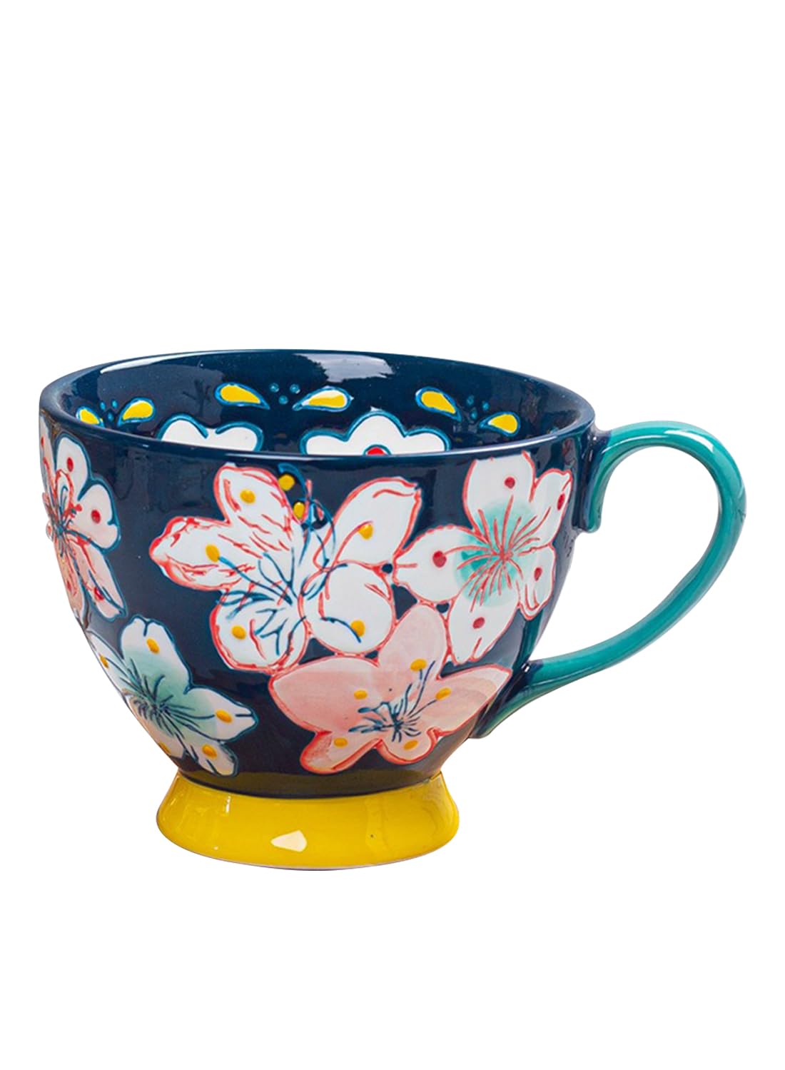 NOVO Hand-Painted Coloful Ceramic Mug Cup,Boho Style, Microwave Dishwasher Oven Safe, for Coffee, Breakfast & Ice Cream 550ml-Dark Blue