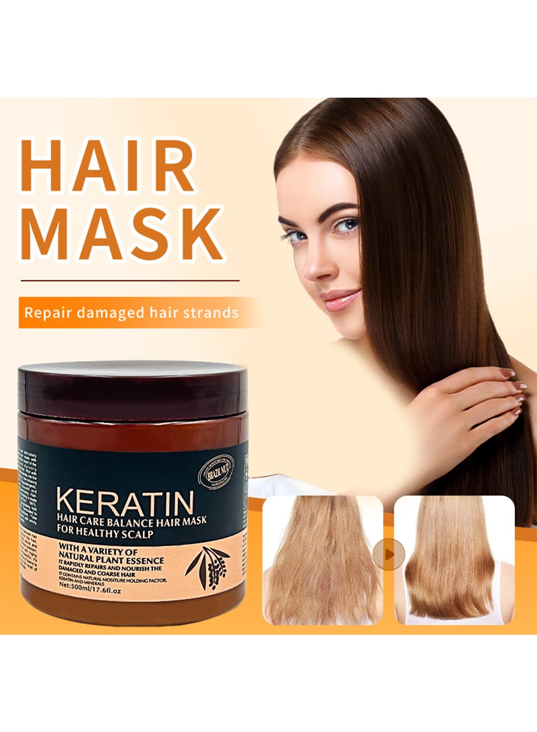 Keratin Brazil Nut Hair Mask, Hydrating Conditioner Repair Damage Strands, 500ml