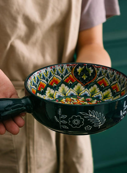 12Pcs Dinnerware Set, Gift Kit, Plates and Bowls Sets with Handle, Oven, Dishwasher and Microwave Safe, Green Bohemian