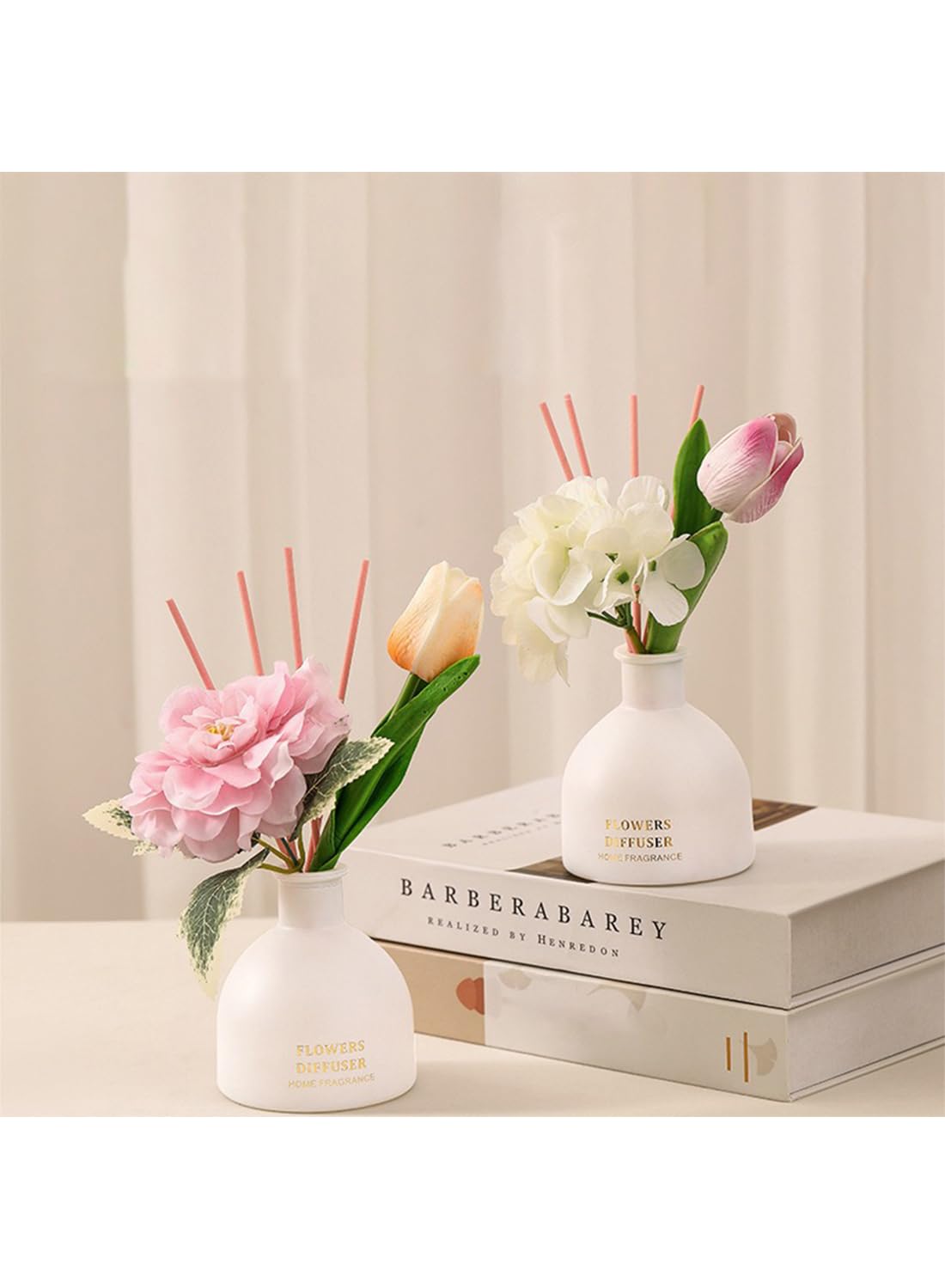 NOVO Artificial Flowers Scented Oil Diffuser Set with High imitation flower &4 Reed Sticks for Bathroom & Bedroom Home Decor&Office D¨¦cor, 150ml-Tulip