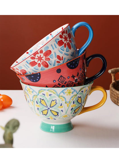 NOVO Hand-Painted Coloful Ceramic Mug Cup,Boho Style, Microwave Dishwasher Oven Safe, for Coffee, Breakfast & Ice Cream 550ml-Dark Blue