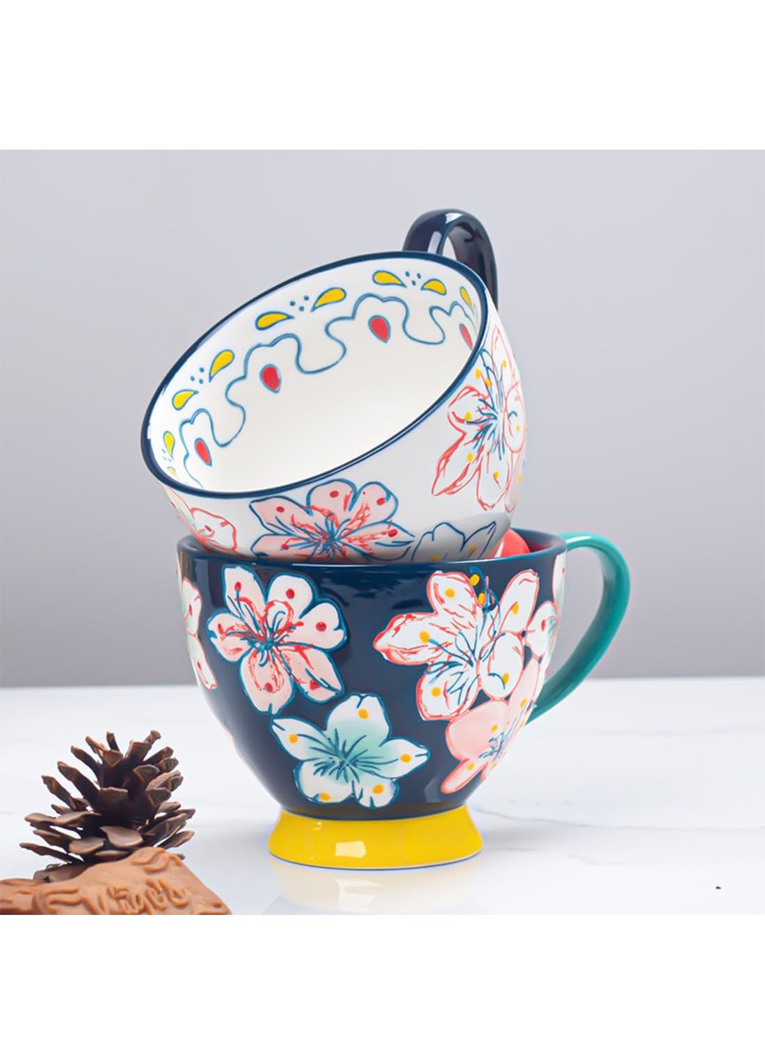 NOVO Hand-Painted Coloful Ceramic Mug Cup,Boho Style, Microwave Dishwasher Oven Safe, for Coffee, Breakfast & Ice Cream 550ml-Dark Blue