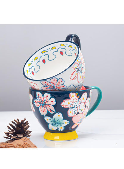 NOVO Hand-Painted Coloful Ceramic Mug Cup,Boho Style, Microwave Dishwasher Oven Safe, for Coffee, Breakfast & Ice Cream 550ml-Dark Blue