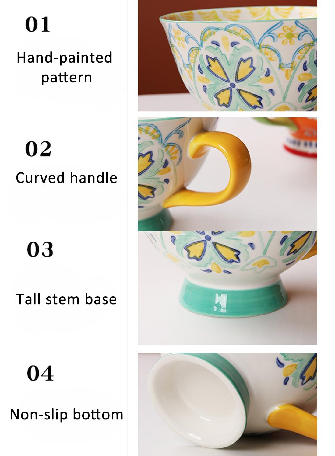 NOVO Hand-Painted Coloful Ceramic Mug Cup,Boho Style, Microwave Dishwasher Oven Safe, for Coffee, Breakfast & Ice Cream 550ml-Dark Blue