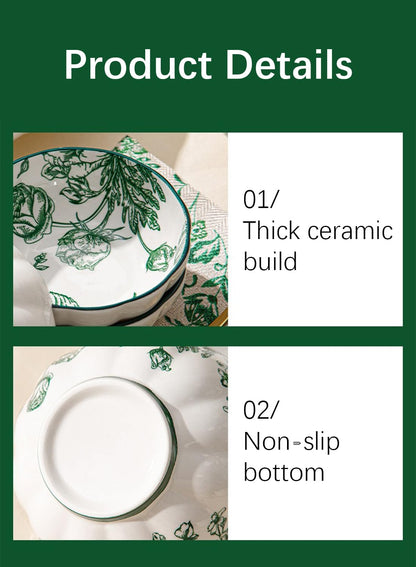 18Pcs Dinnerware Set, Gift Kit, Plates and Bowls Sets, Oven, Dishwasher and Microwave Safe, Green Rose