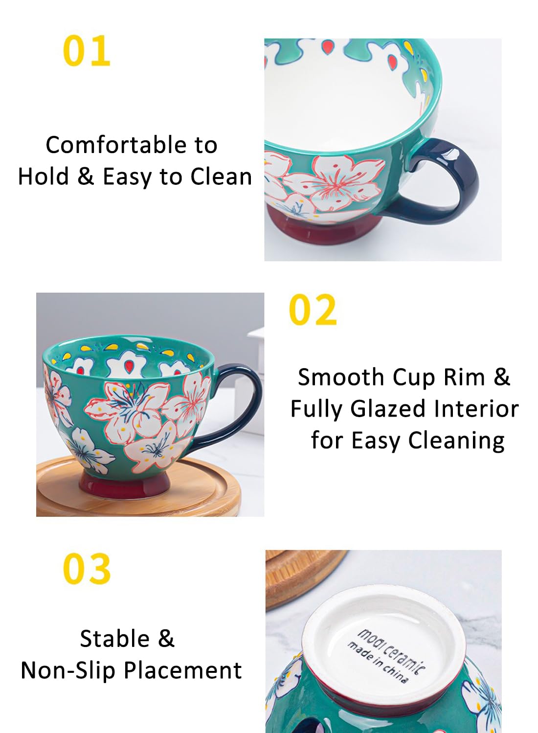 NOVO Hand-Painted Coloful Ceramic Mug Cup,Boho Style, Microwave Dishwasher Oven Safe, for Coffee, Breakfast & Ice Cream 550ml-Dark Blue