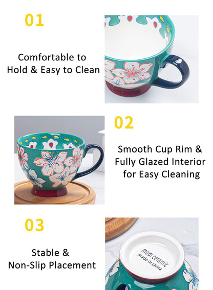 NOVO Hand-Painted Coloful Ceramic Mug Cup,Boho Style, Microwave Dishwasher Oven Safe, for Coffee, Breakfast & Ice Cream 550ml-Dark Blue