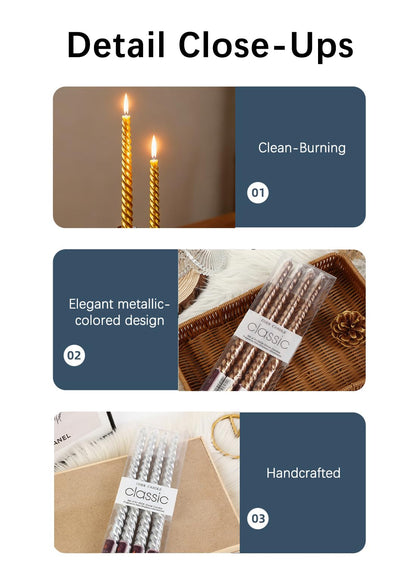 4Pcs Spiral Taper Candle, 25cm Non-Toxic Thread Style Candles, Dripless Scented for Party, Home Decoration (Gold)