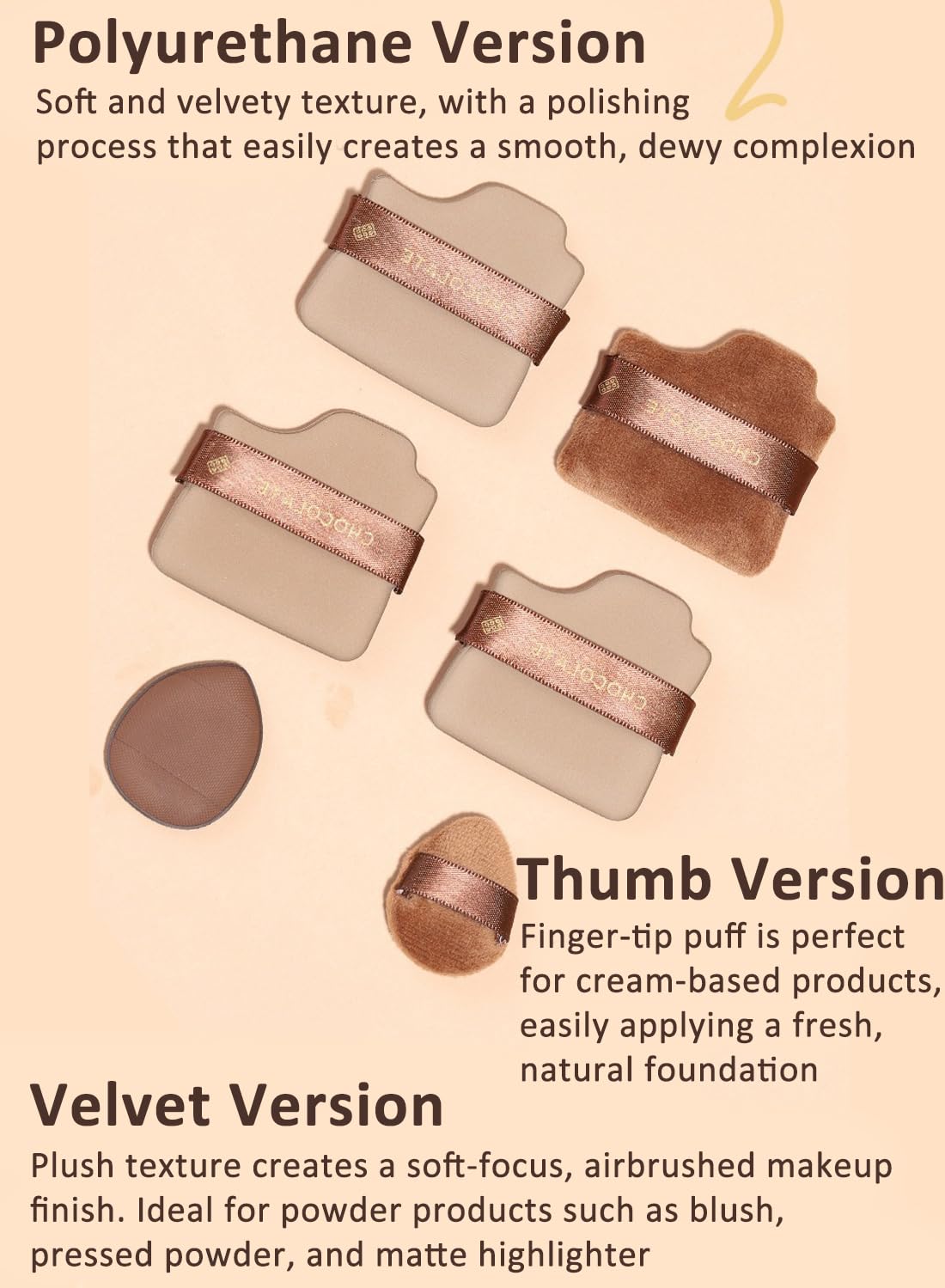 NOVO 6Pcs Multi-Function Chocolate Sponge Puff Set, Wet & Dry Use Makeup Applicators for Smooth Blending and Coverage