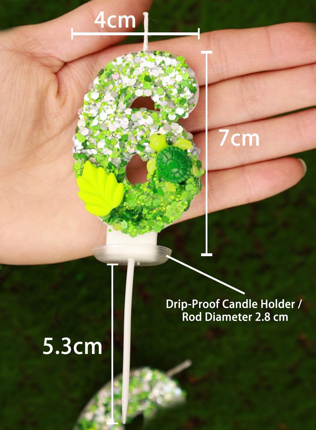 7cm Birthday Number Candles for Cake Decoration, Glittery Cake Toppers with Cute Designs, Perfect for Kids' Parties, Anniversaries, and Celebrations-Green Turtle(No.0)
