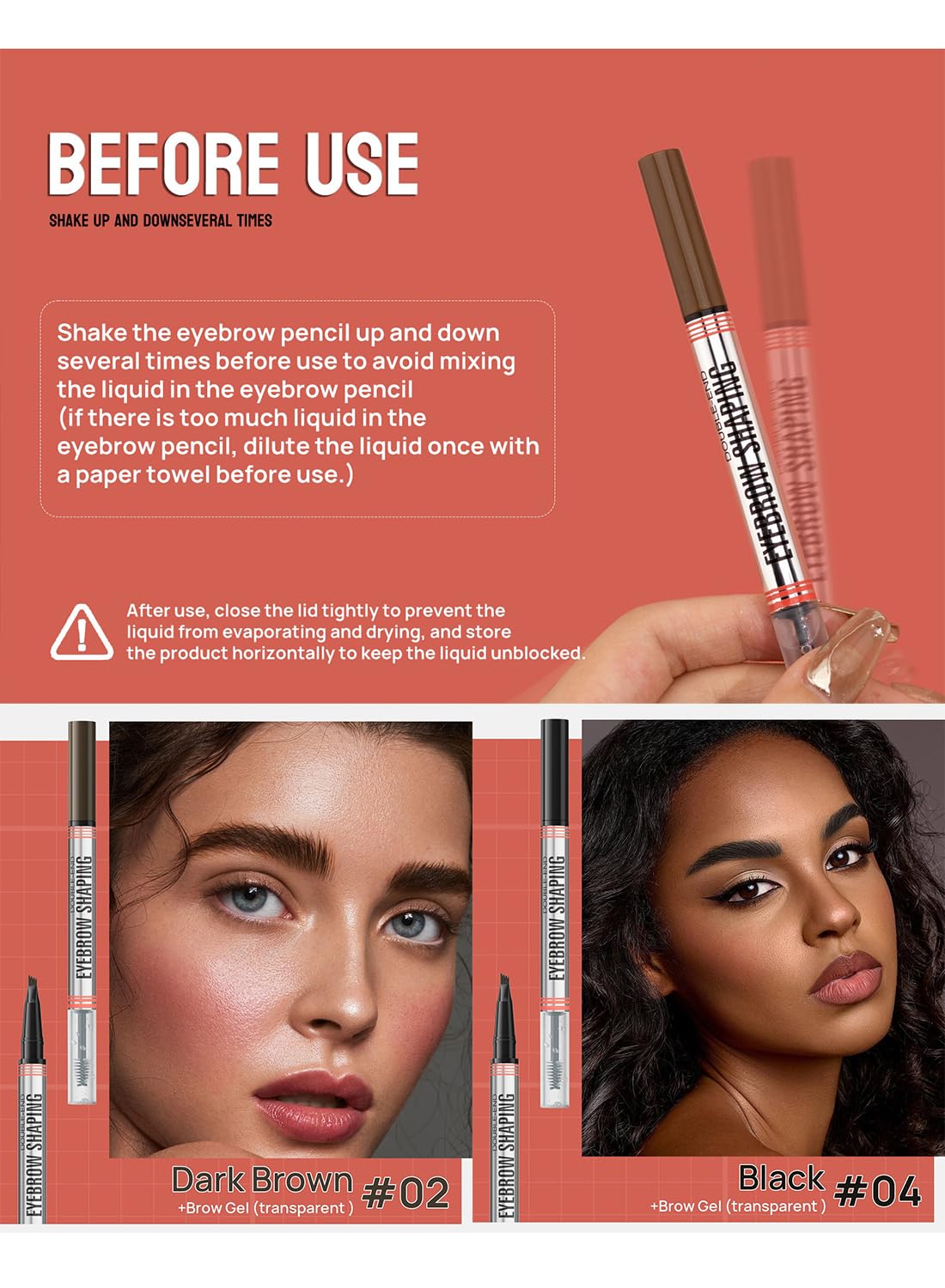 NOVO 2 in 1 4-Tip Brow Pen & Eyebrow Gel, Smudge Proof Waterproof Brow Pencil 2