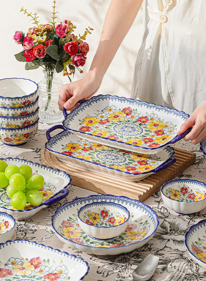 14Pcs Dinnerware Set, Gift Kit, Plates and Bowls Sets, Oven, Dishwasher and Microwave Safe, Polish Flowers