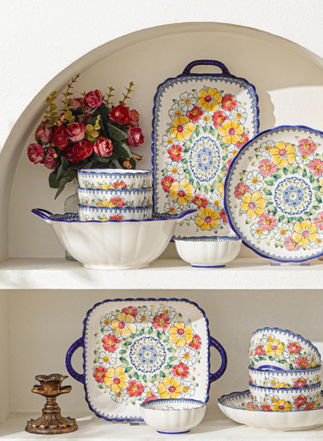 14Pcs Dinnerware Set, Gift Kit, Plates and Bowls Sets, Oven, Dishwasher and Microwave Safe, Polish Flowers