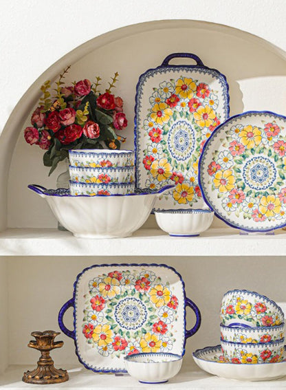 14Pcs Dinnerware Set, Gift Kit, Plates and Bowls Sets, Oven, Dishwasher and Microwave Safe, Polish Flowers