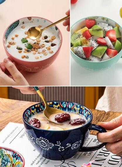 NOVO Hand-Painted Coloful Ceramic Mug Cup,Boho Style, Microwave Dishwasher Oven Safe, for Coffee, Breakfast & Ice Cream 550ml-Dark Blue