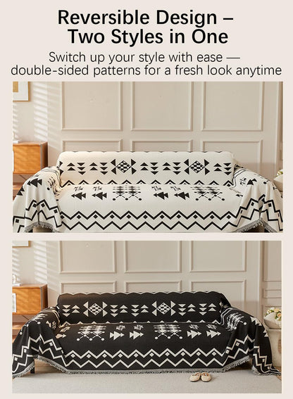 Sofa Couch Cover, Chenille Throw Blanket with Tassels, Reversible Thick Soft Decorative for Furniture Protecter-Black, W180xL340cm