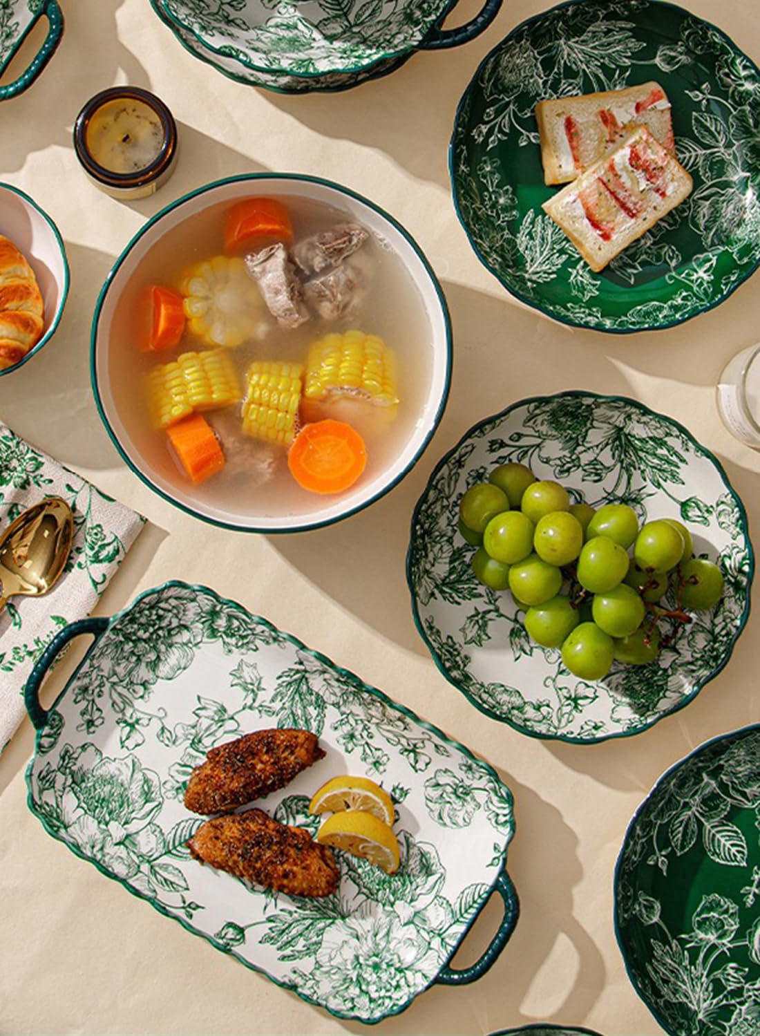 18Pcs Dinnerware Set, Gift Kit, Plates and Bowls Sets, Oven, Dishwasher and Microwave Safe, Green Rose