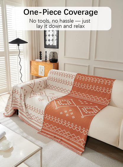 Sofa Couch Cover, Chenille Throw Blanket with Tassels, Reversible Thick Soft Decorative for Furniture Protecter-Orange, W180xL340cm