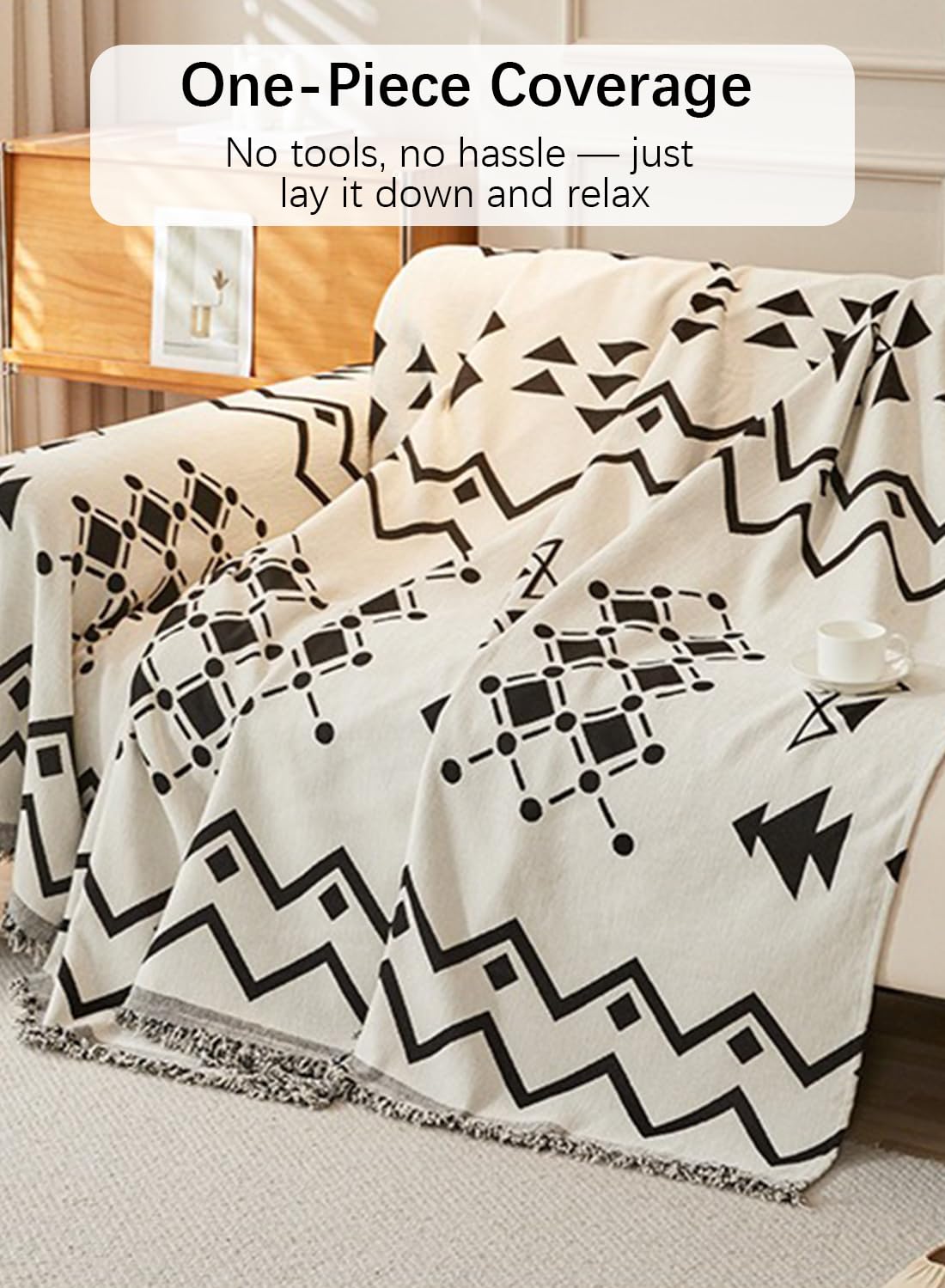 Sofa Couch Cover, Chenille Throw Blanket with Tassels, Reversible Thick Soft Decorative for Furniture Protecter-Black, W180xL340cm