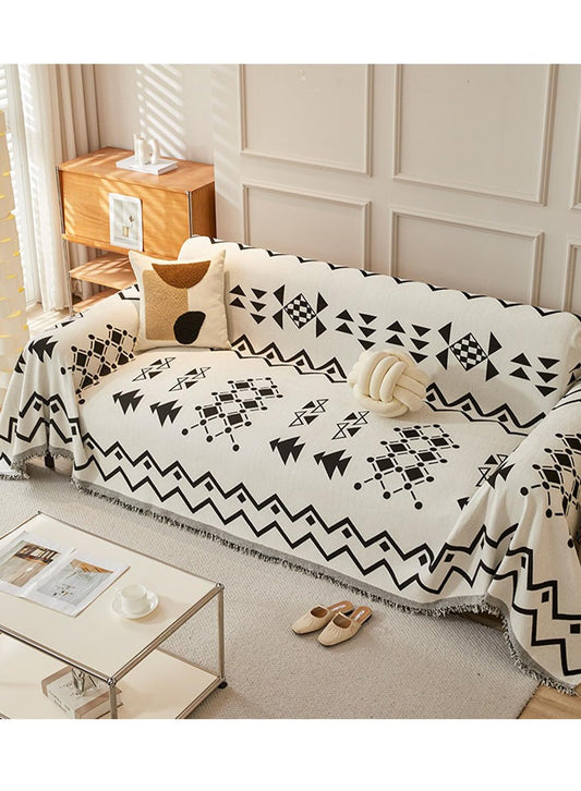 Sofa Couch Cover, Chenille Throw Blanket with Tassels, Reversible Thick Soft Decorative for Furniture Protecter-Black, W180xL380cm