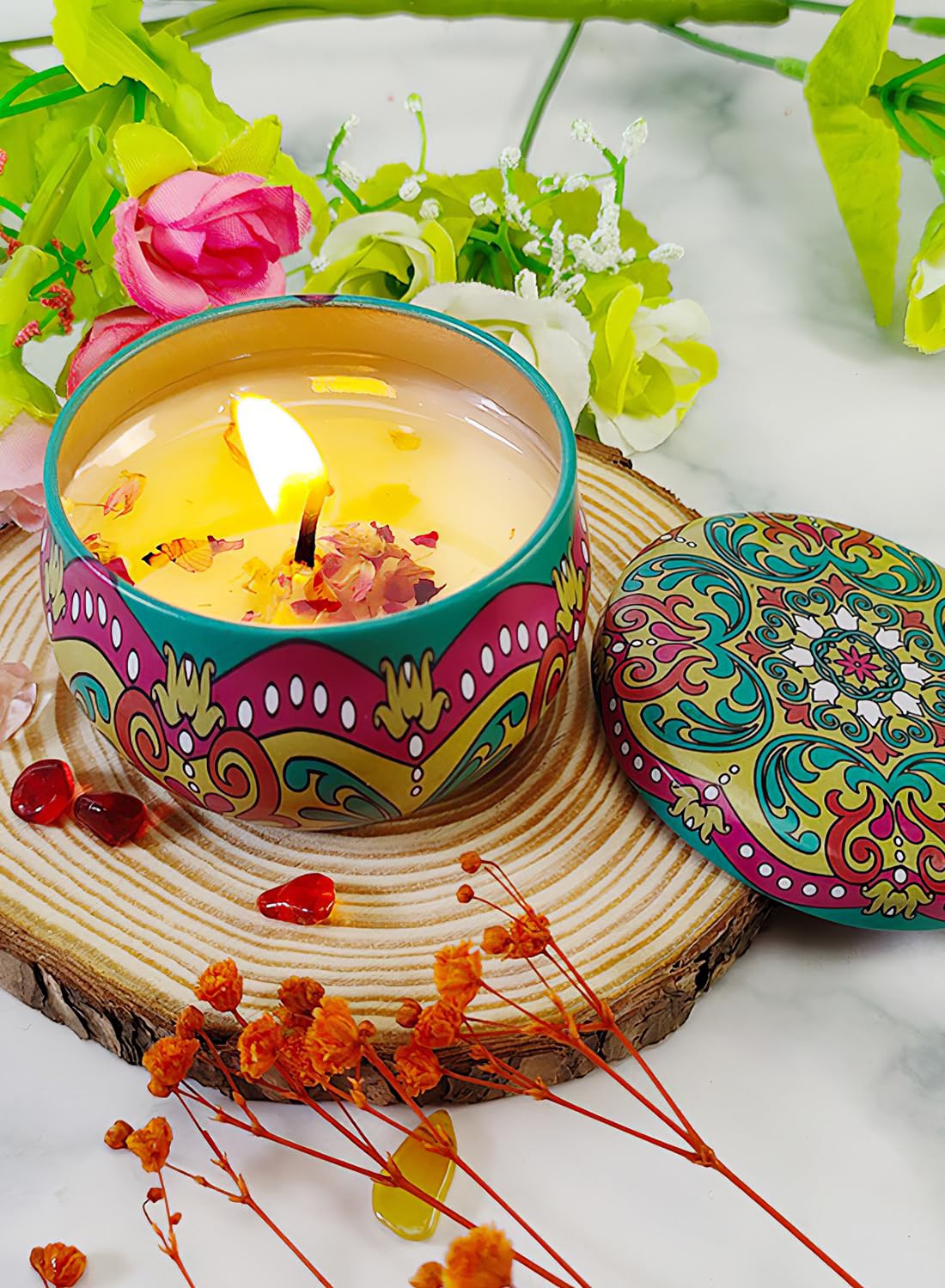 NOVO Scented Candle- 80g Natural Soy Wax Blend Aromatherapy Candle with Pure Essential Oils & Real Dried Flowers -Tuberose