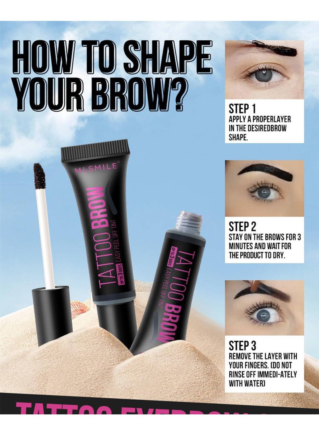 NOVO Peel Off Tattoo Eyebrow Gel, Long Lasting Waterproof Tattoo Brow, Semi Permanent Brow Tint for Women, Dark Grey