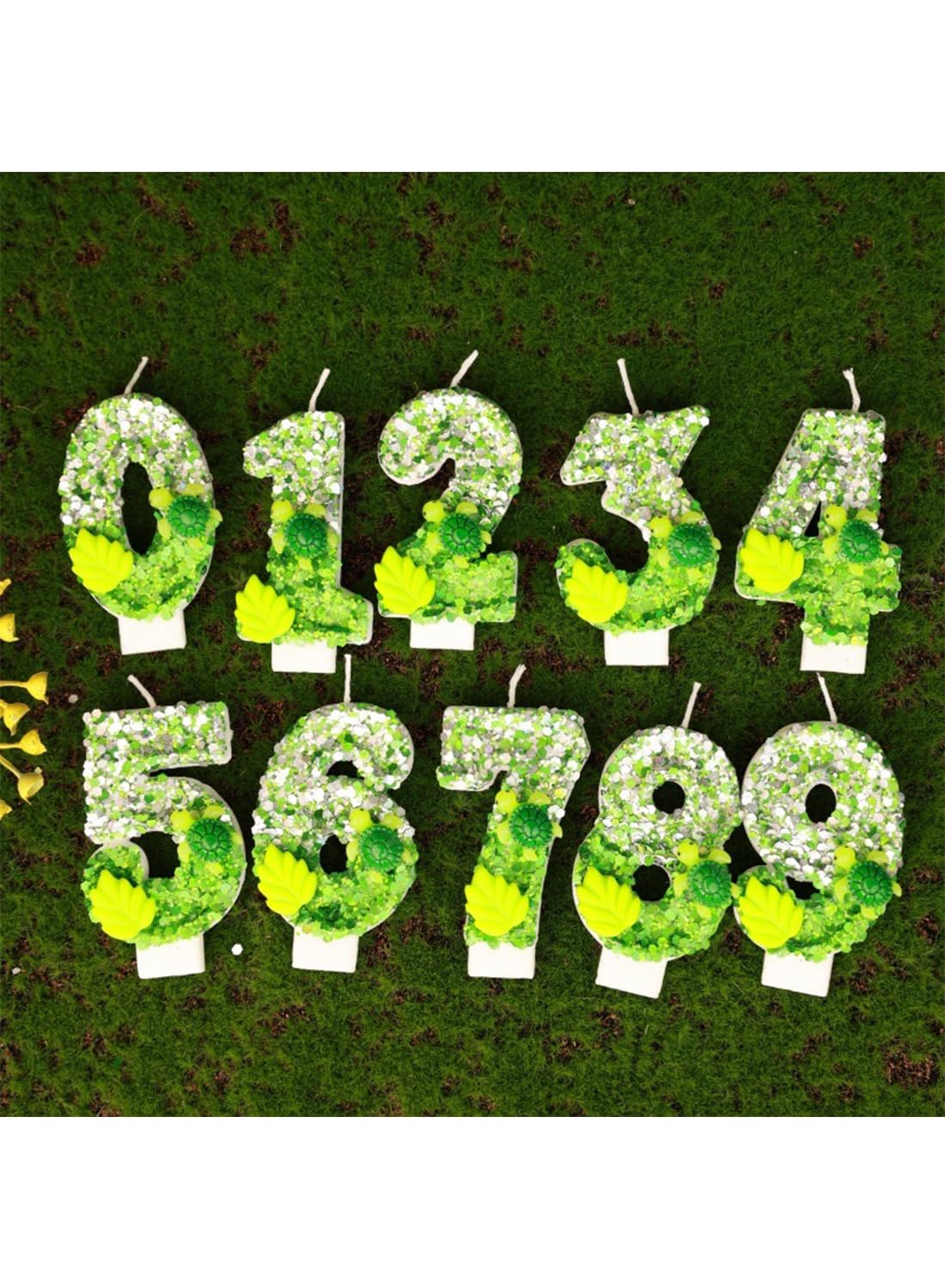 7cm Birthday Number Candles for Cake Decoration, Glittery Cake Toppers with Cute Designs, Perfect for Kids' Parties, Anniversaries, and Celebrations-Green Turtle(No.0)
