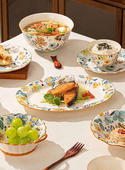18Pcs Dinnerware Set, Gift Kit, Plates and Bowls Sets, Oven, Dishwasher and Microwave Safe, Colorful Floral