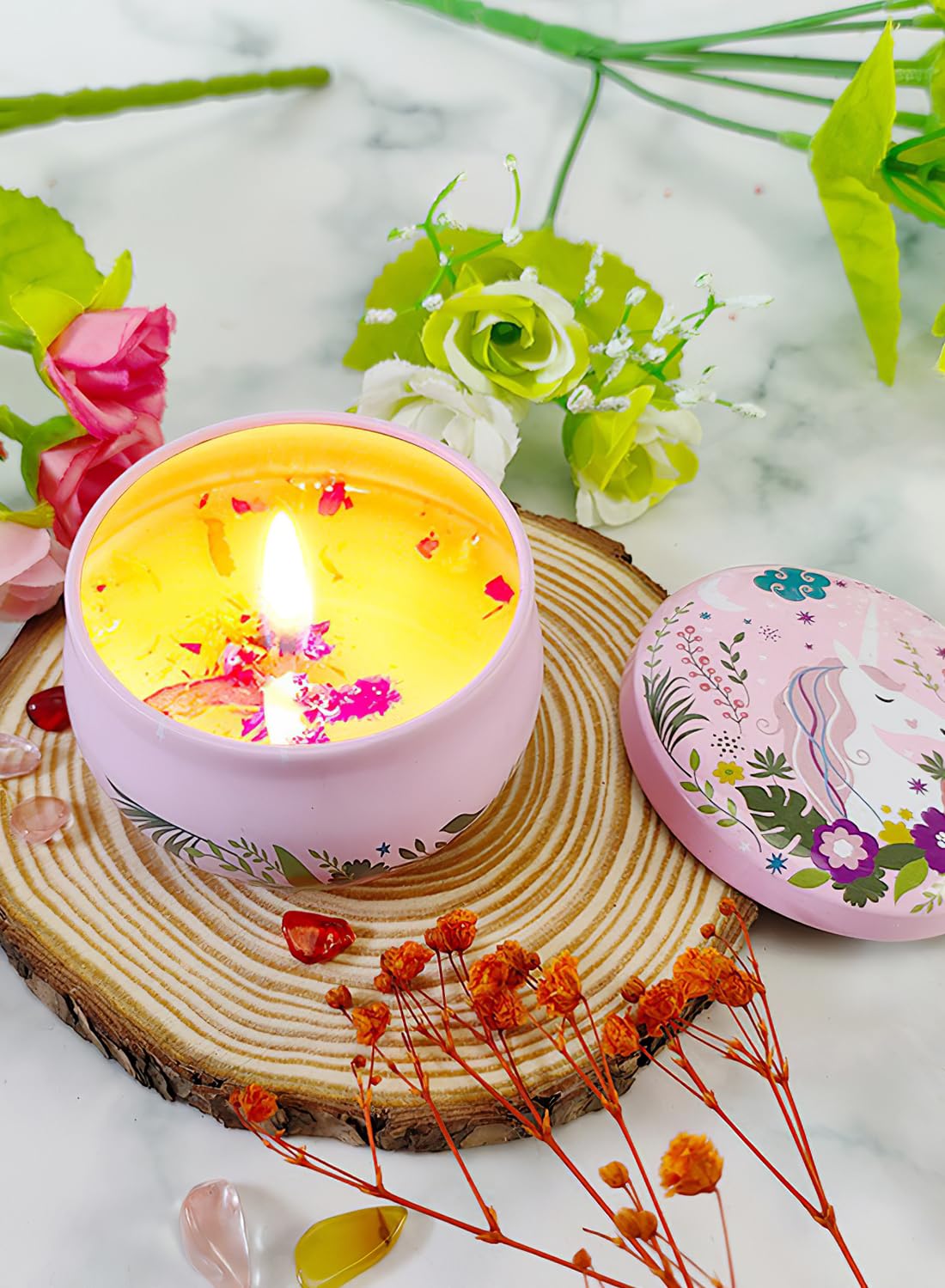 NOVO Scented Candle- 80g Natural Soy Wax Blend Aromatherapy Candle with Pure Essential Oils & Real Dried Flowers -Tuberose